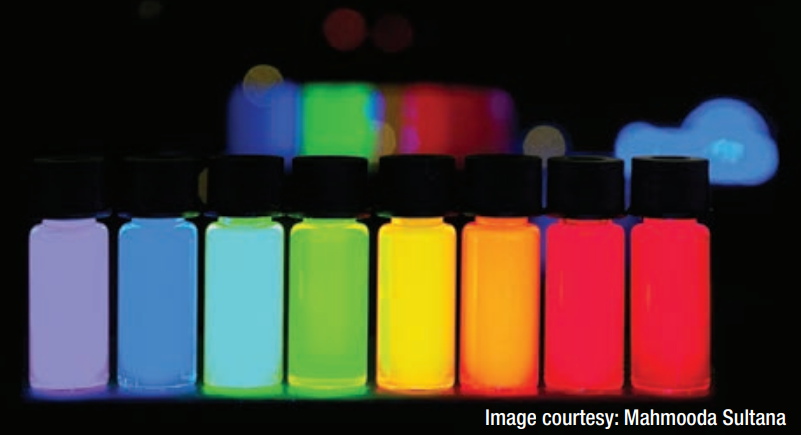 Vials of quantum dots glow in different colors under ultraviolet light. The colors of light emitted are determined by the nanoscale size and composition of the crystals in suspension. Image Credit: NASA / Mahmooda Sultana 